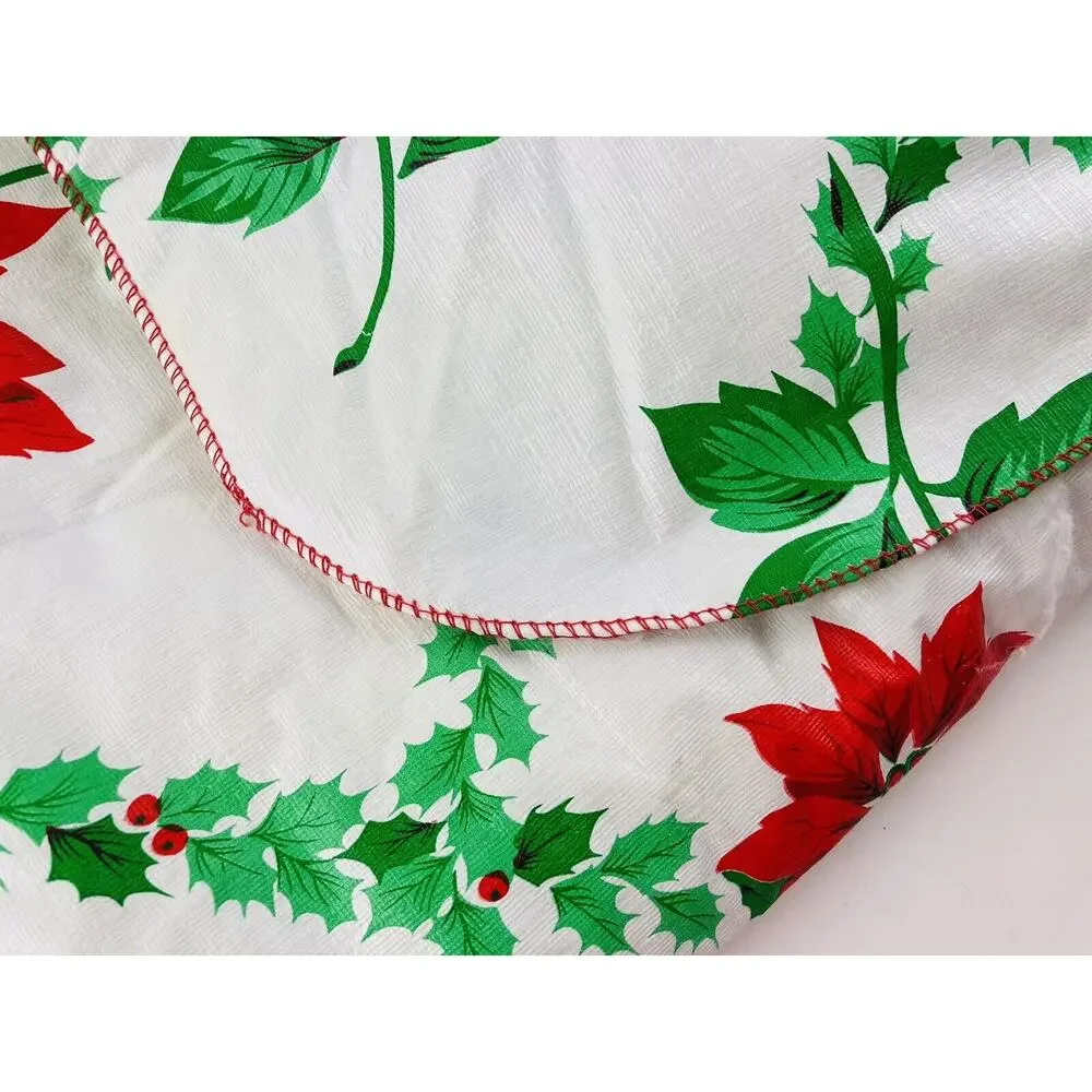 Vintage Vinyl Plastic Tablecloth Poinsettias Flannel Back Christmas Red Green Ea